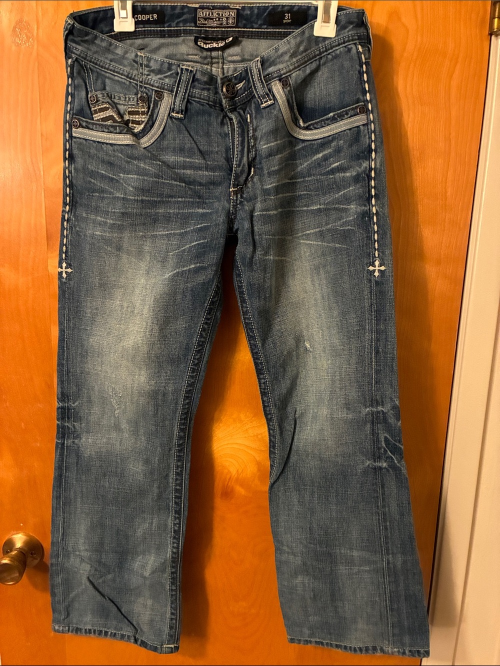 Affliction Faded Blue Distressed Jeans with Contrast Stitching Sz 31x27”